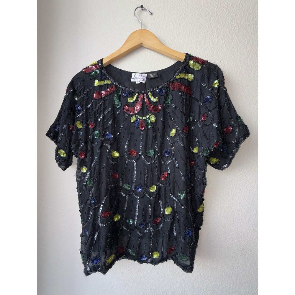 VTG 80s Jasmine by KVM Beaded Sequin Pure Silk Blouse Top Black Multicolor L